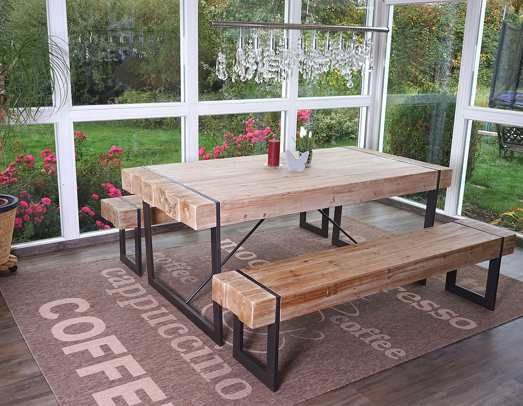 Esszimmergarnitur MCW-A15, Esstisch + 2x Sitzbank, Tanne Holz rustikal massiv MVG-zertifiziert ~ naturfarben 160cm