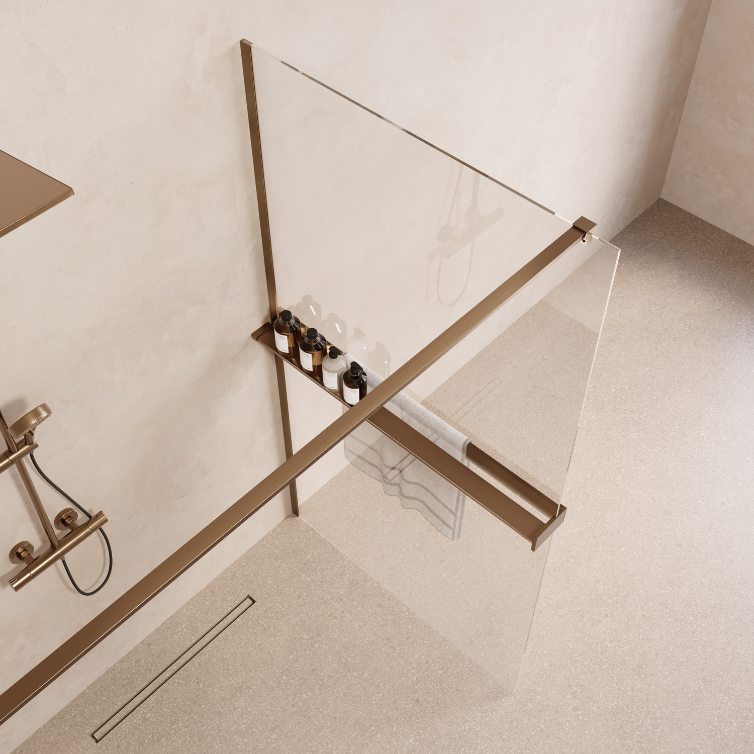 Saniclear Metric inloopdouche 80cm met handdoekhouder en helder glas verouderd messing
