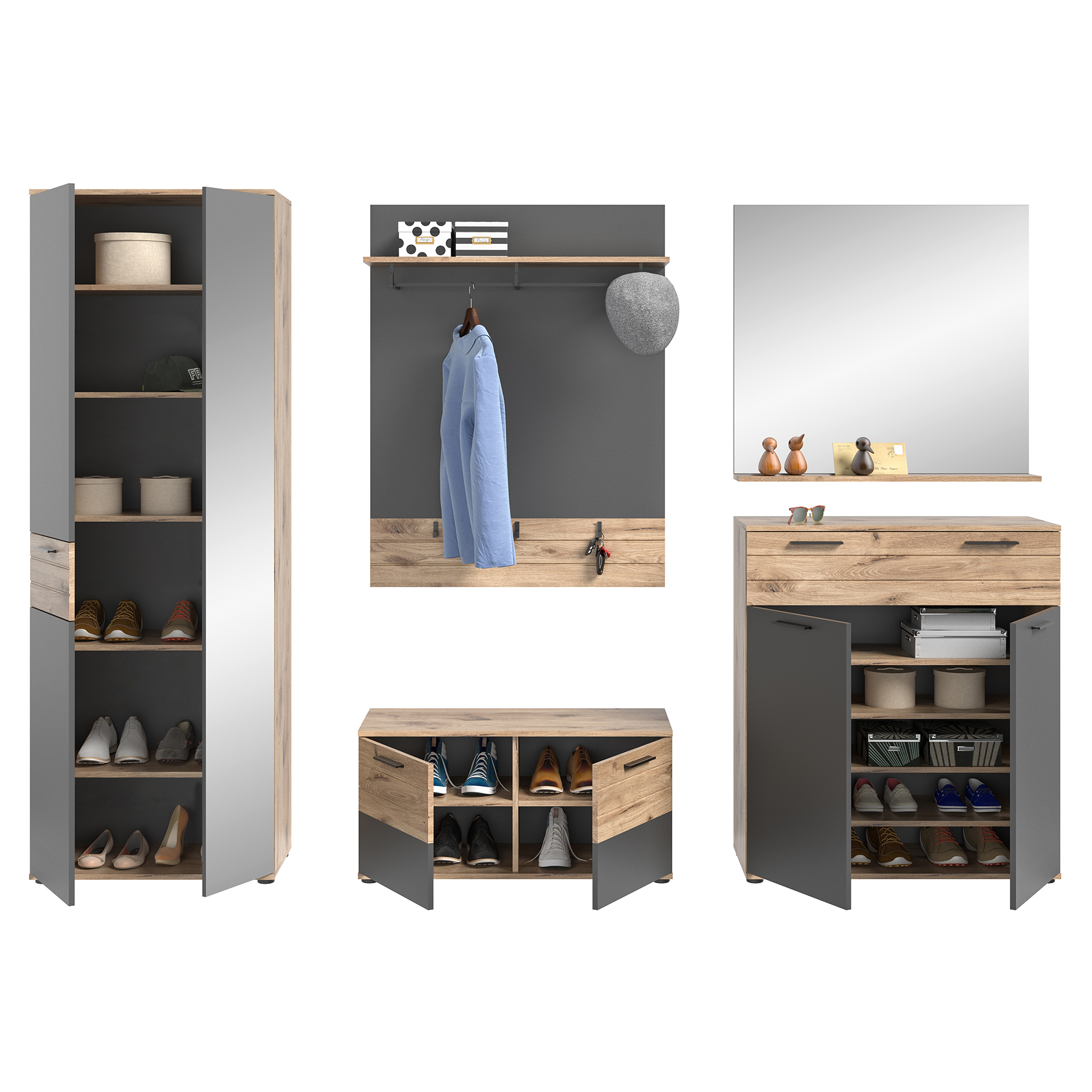 5-teiliges Set Garderobe MASON - Nox Oak-Basalt grau