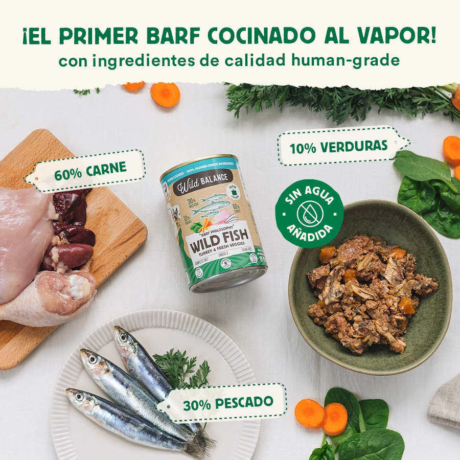 Lata de 400g de ração Wild Balance BARF com peixe e peru para cães.