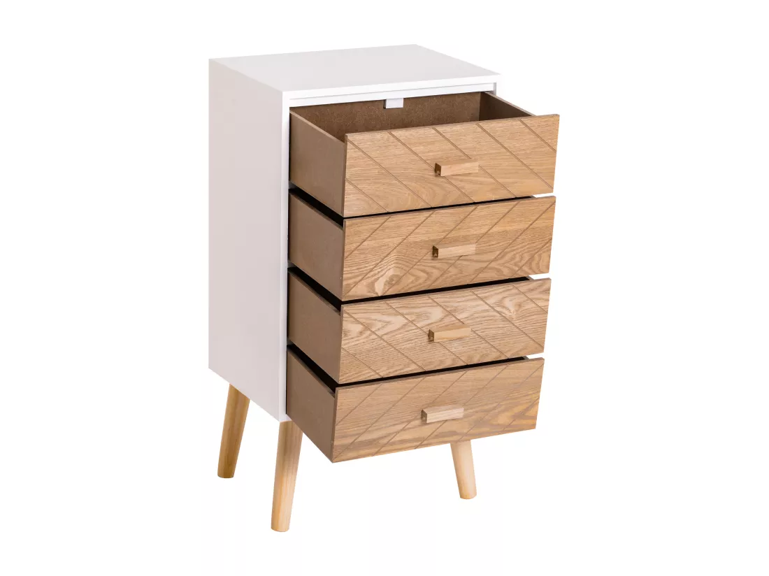 Meuble de rangement chiffonnier design scandinave 40L x 30l x 75H cm 4 tiroirs bois massif pin MDF blanc et hêtre motif graphique