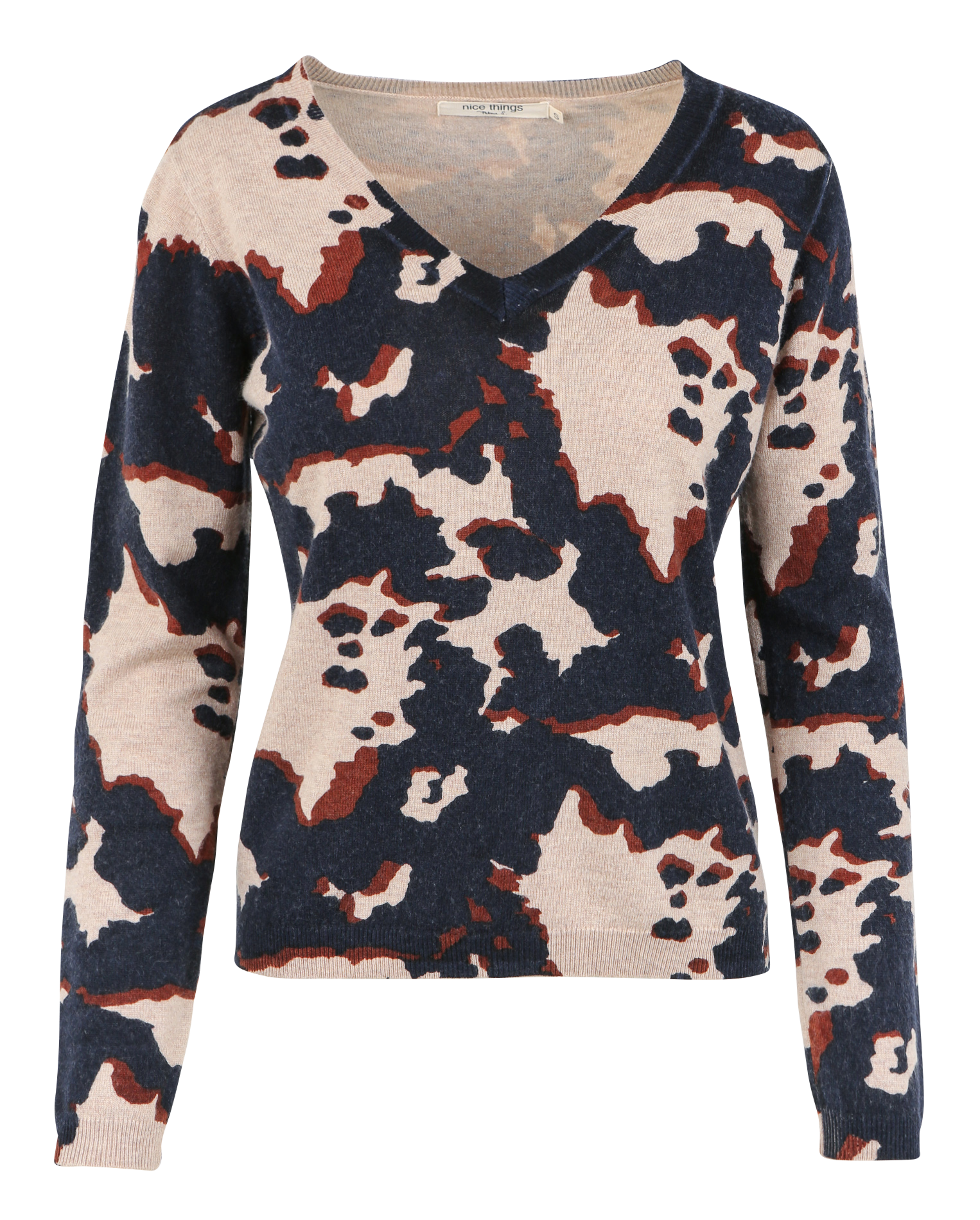 Pull col V jacquard en laine mélangée | Beige