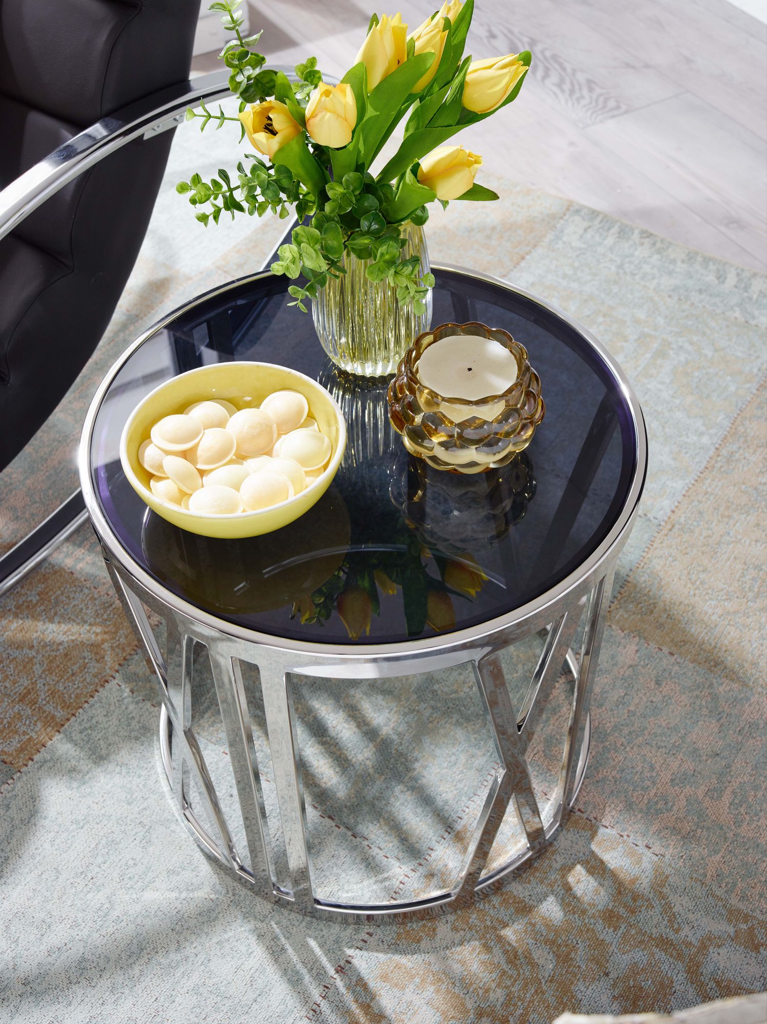KADIMA DESIGN Glas-Beistelltisch: Durchsichtige schwarze Glasplatte, Metallgestell, 10 kg Belastbarkeit, handgefertigt.