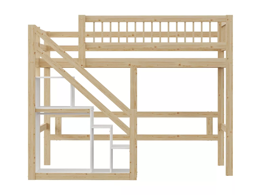 Lit superposé en bois 90x200cm - avec escalier de rangement - Naturel