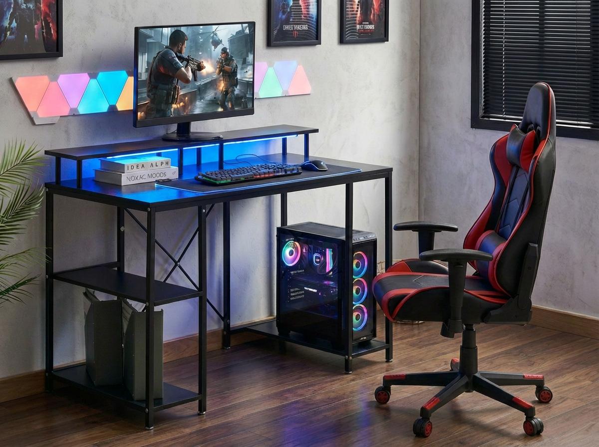 Game bureau CADDO Zwart 120 cm 60 cm met planken LED