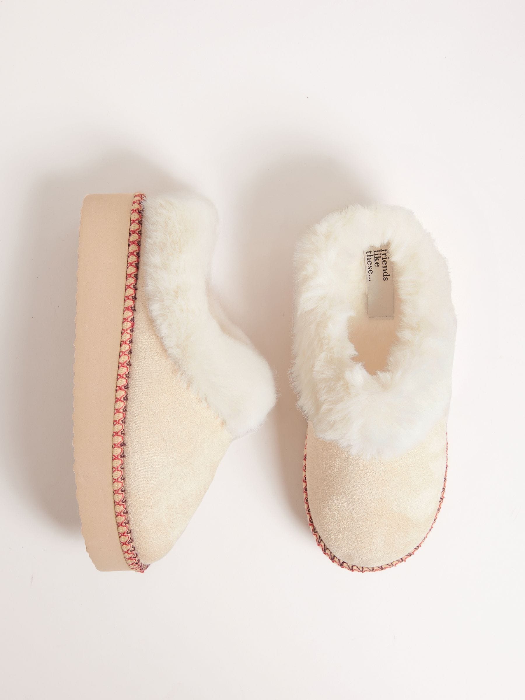Crème - Friends Like These Faux Fur Cuff Embroidered Tape Nightwear Mule Slippers