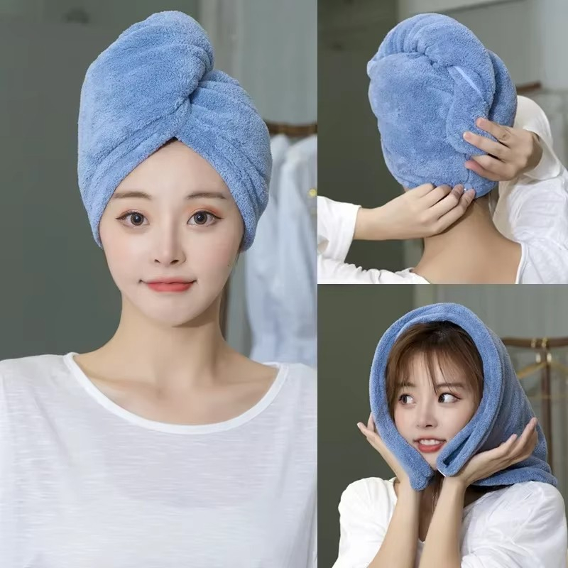 Schnelltrocknendes Mikrofaser Handtuch Haarturban mit Knopf - Blau