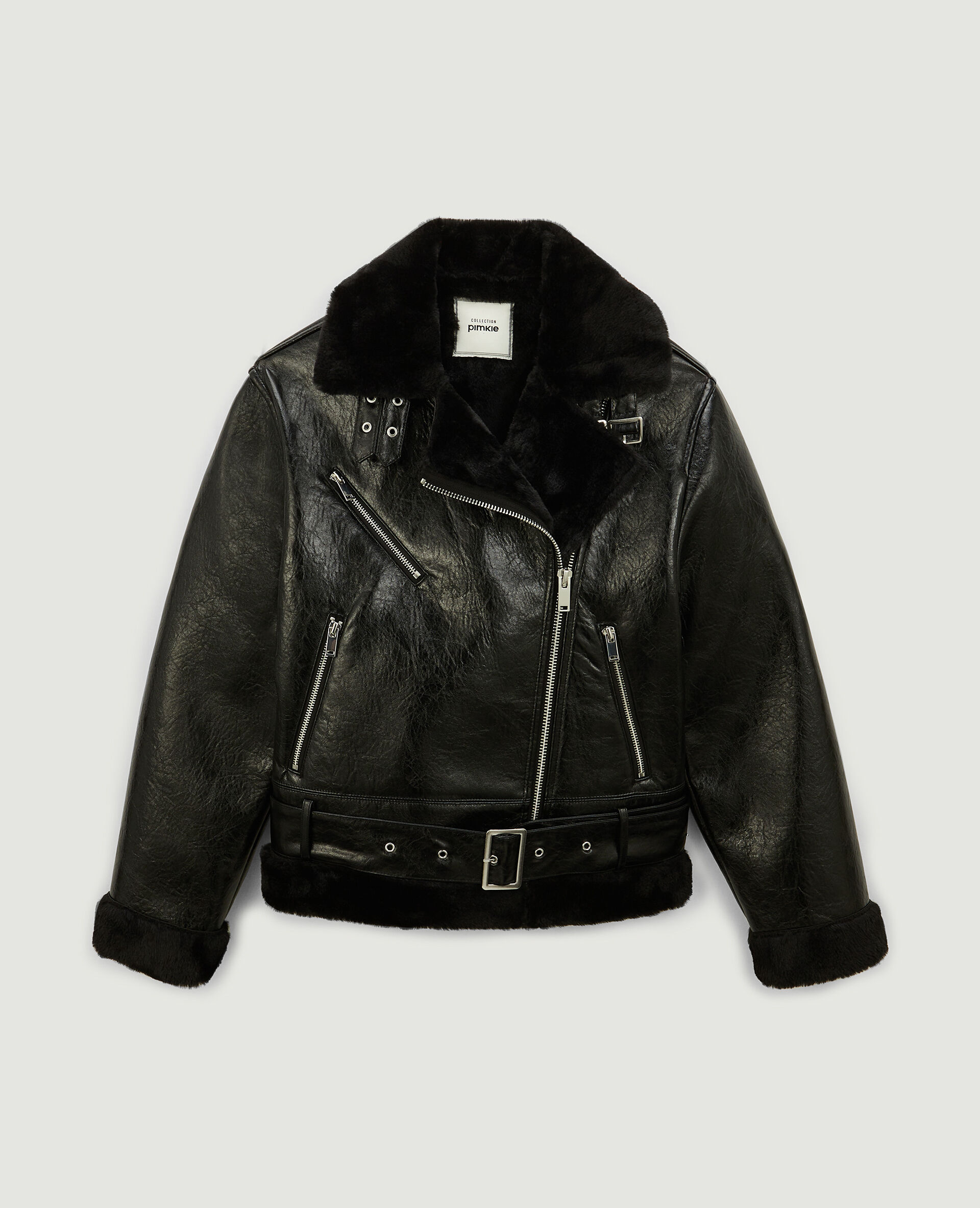 Blouson faux cuir avec doublure fourrure - Noir