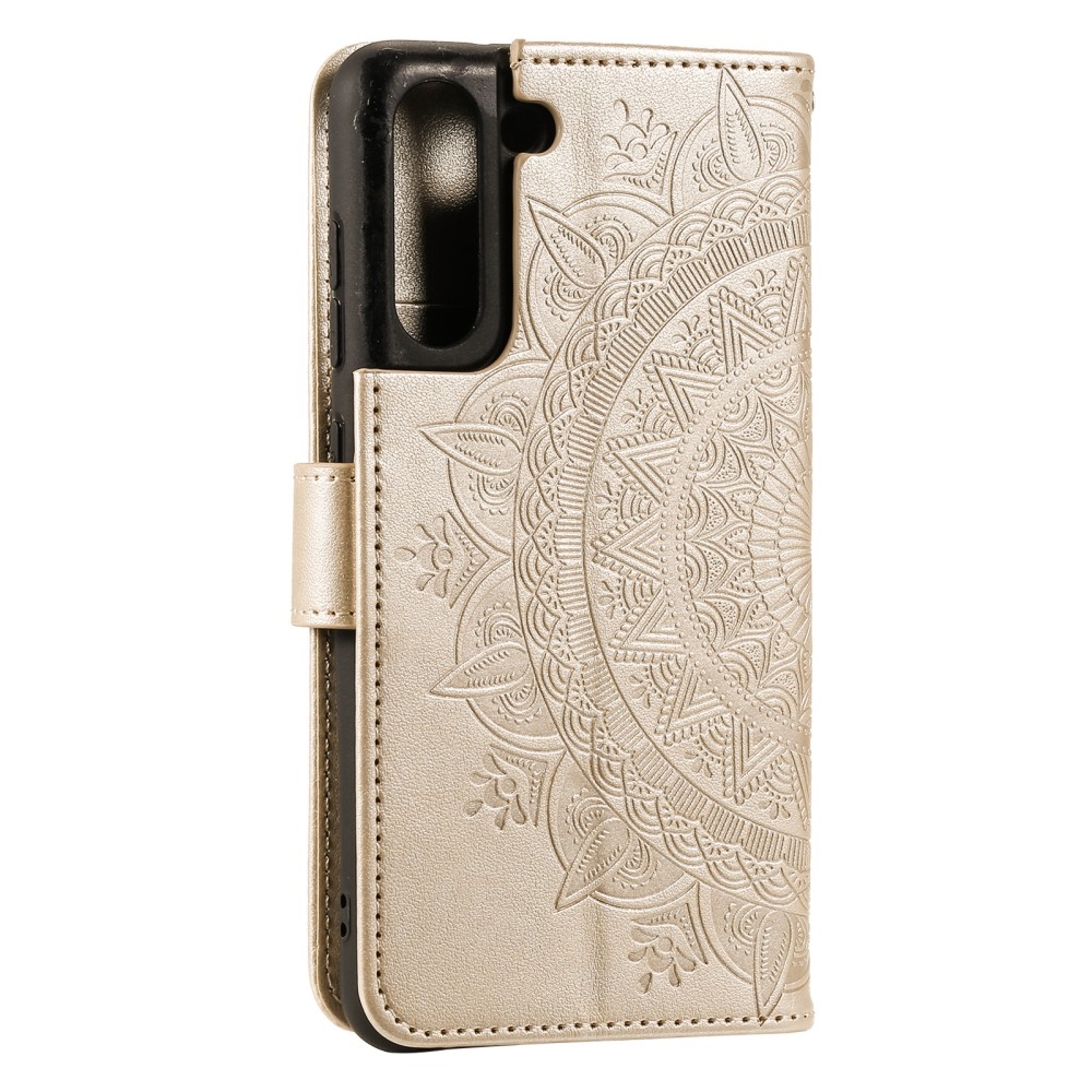 Samsung Galaxy S21 FE 5G Leder Tasche Wallet - Mandala Flowers Imprint - Gold