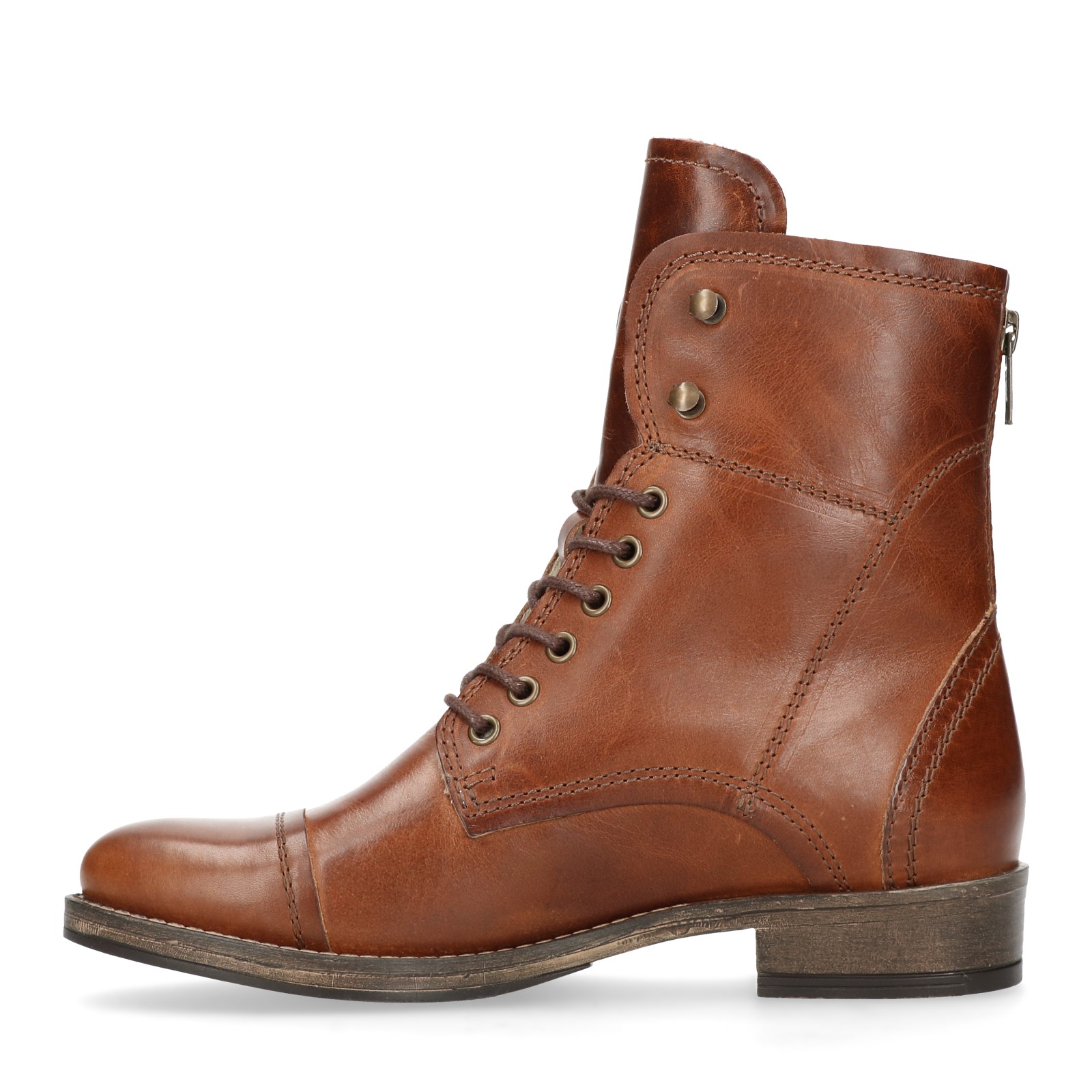 Cognac leren veterlaarzen met bont voering
