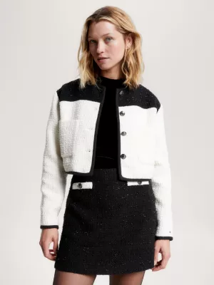 Blazer curto sem gola em tweed