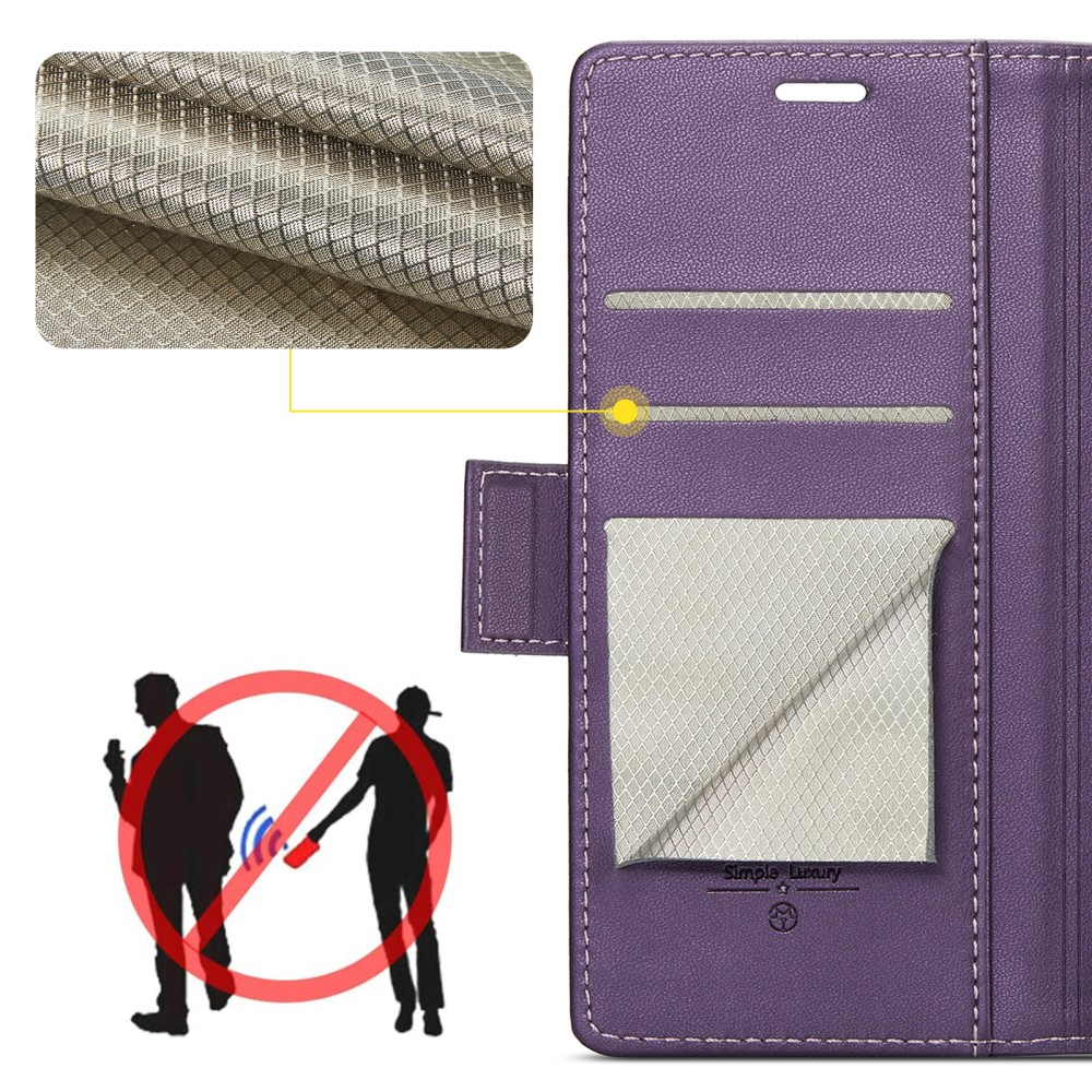iPhone 15 Leder Tasche Flip Wallet Etui mit Kartenfächern Litchi Look (RFID Schutz) - Violett