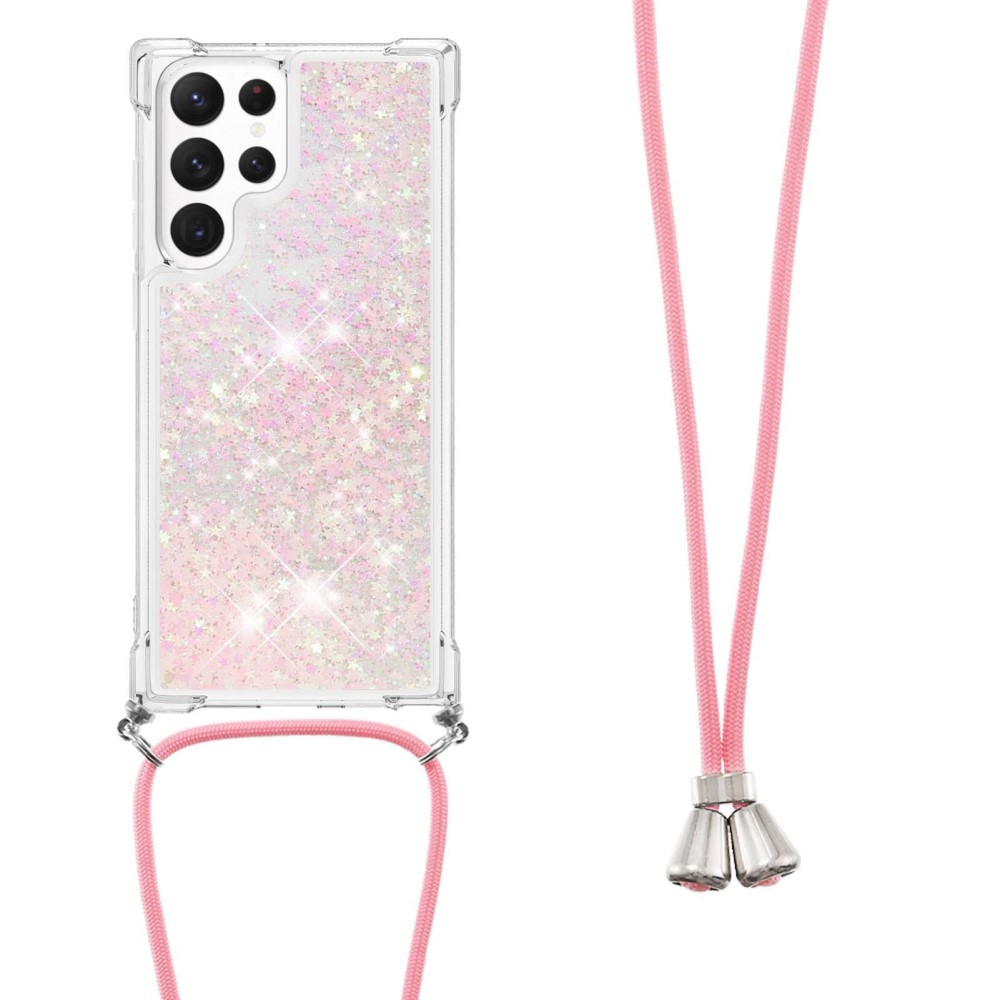 Samsung Galaxy S23 Ultra 5G Necklace Gummi Hülle Liquid Glitzer   Handykette (130cm) - Rosa
