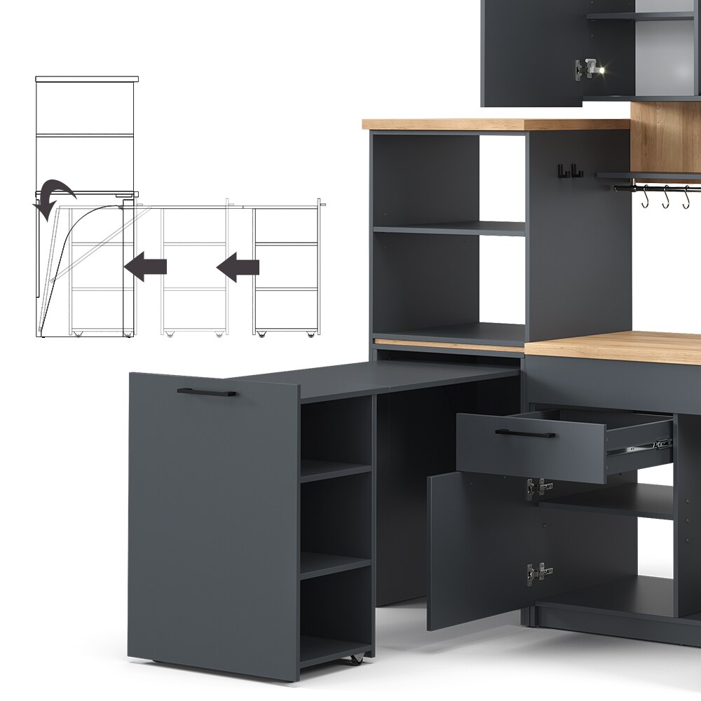 Vicco Singleküche Küchenzeile Egbert Anthrazit Eiche 160 cm modern ausziehbarer Tisch