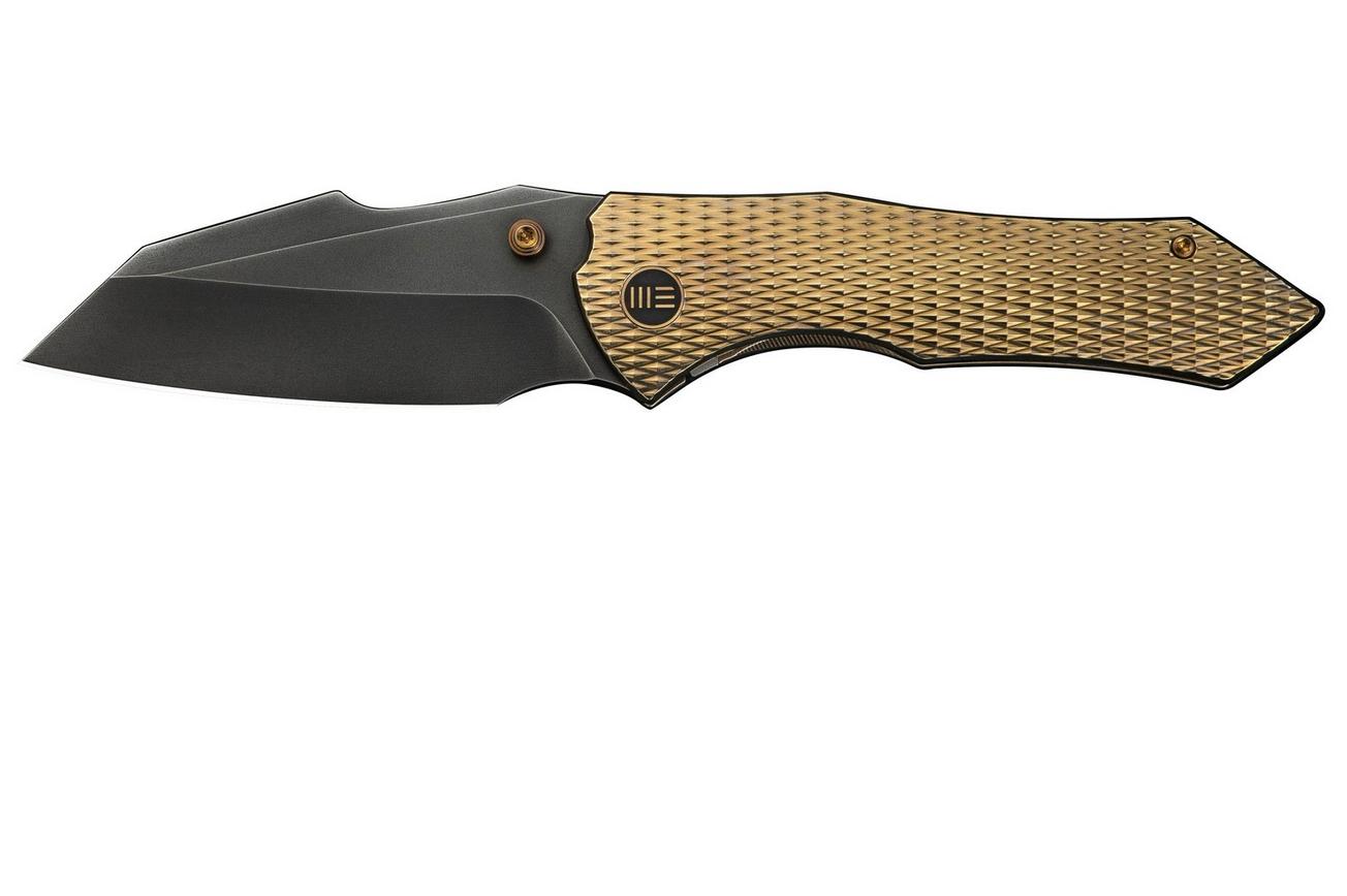 WE Knife High-Fin XL WE24010-3 Gray CPM 20CV, Diamond Patterned Golden Polished Titanium, zakmes