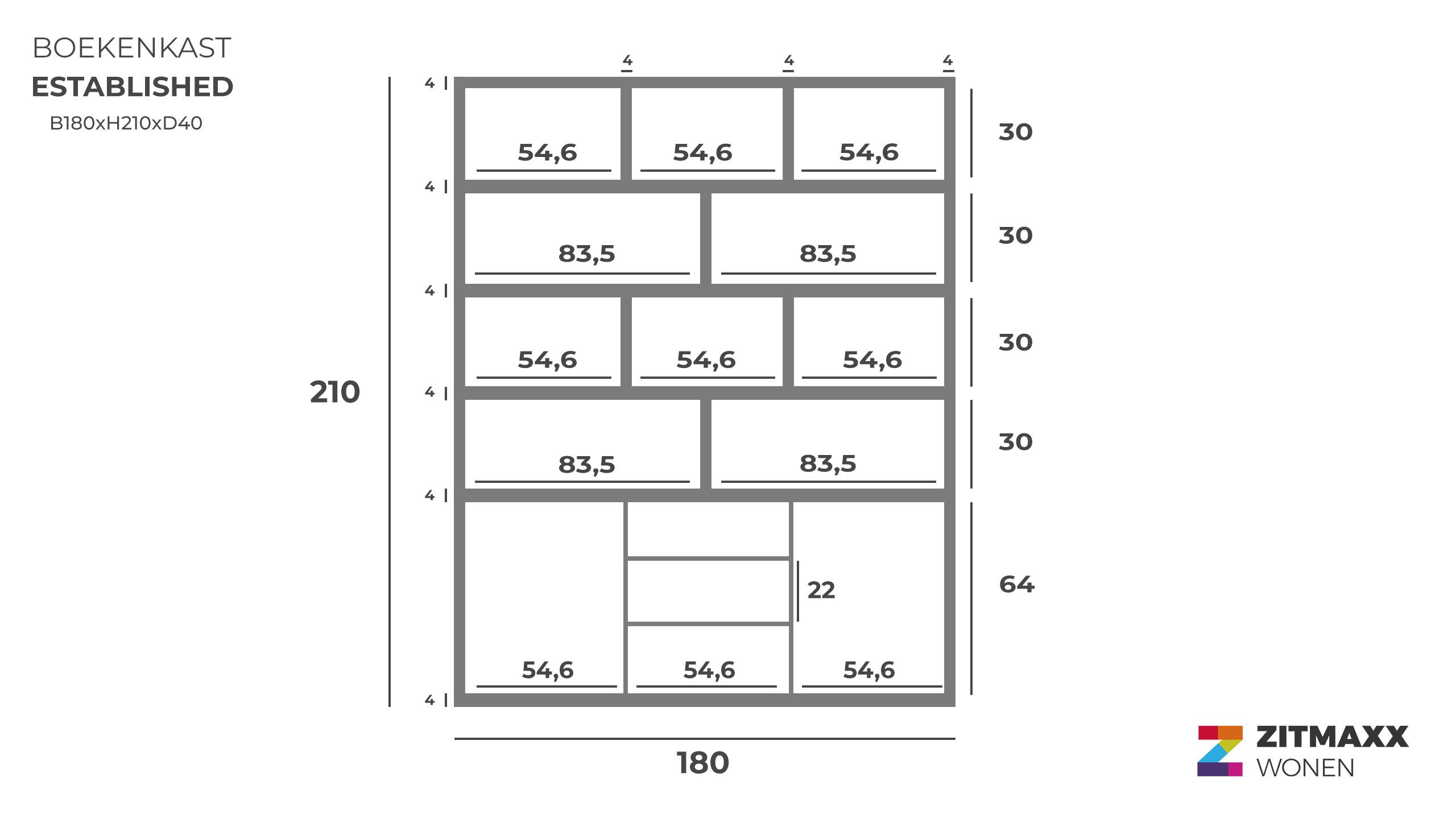 Boekenkast Established B180 x D40 x H210 cm