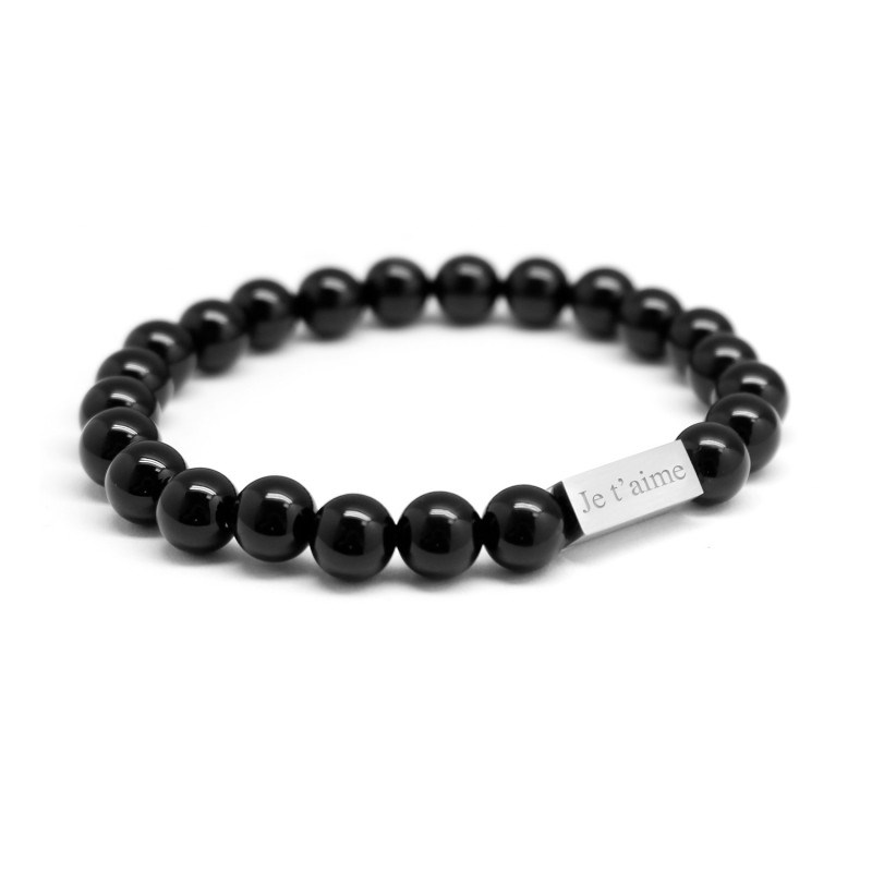 Bracelet perles agates noires homme - gravure JE T'AIME