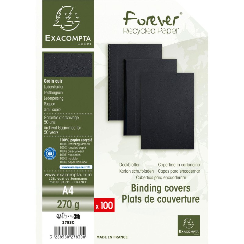 Couverture de reliure grain cuir 270 g Forever Exacompta A4 - Boîte de 100