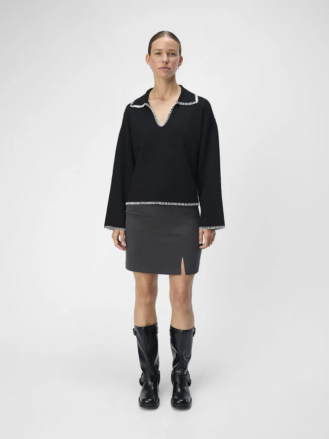 Object OBJREYNARD LS V-NECK STICH PULLOVER Black/white stitches