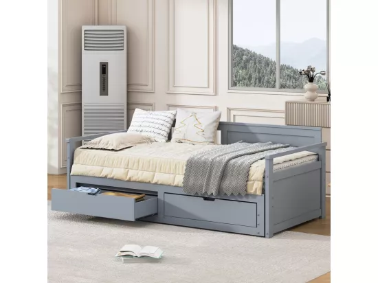 Lit gigogne 90/180x190cm en bois massif - 2 tiroirs à roulettes - Gris