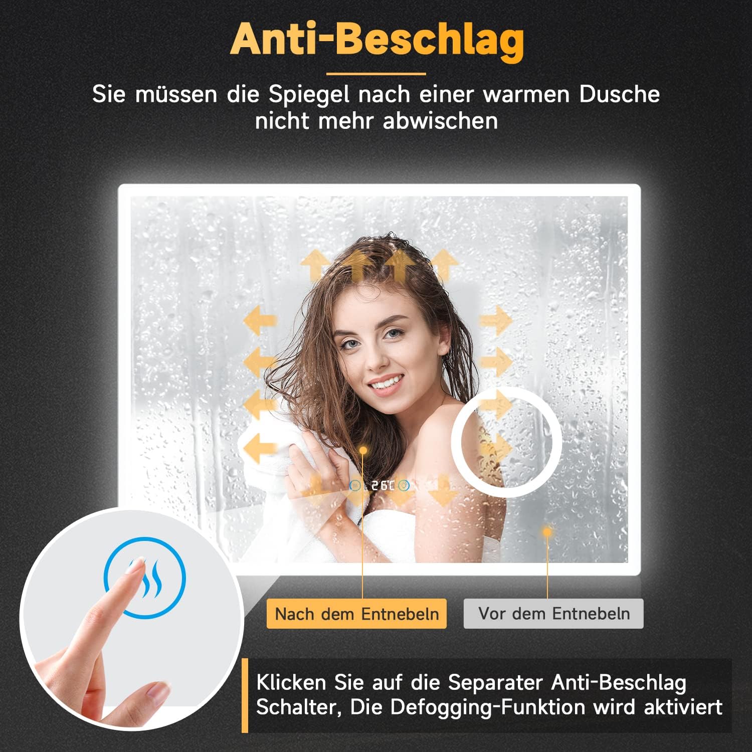 SONNI Badezimmerspiegel mit Beleuchtung 80x60 cm 3 einstellbare Lichtfarbe, Anti-Beschlag LED Badspiegel Lichtspiegel Wandspiegel mit Touchschalter, Uhr, Temperatur, 3-Fach Vergrößerung