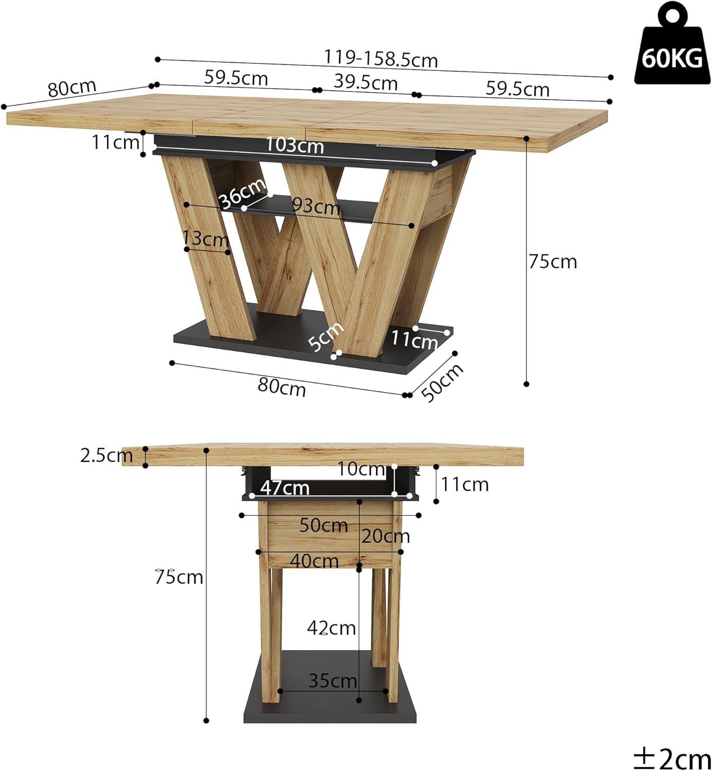Esstisch Ausziehbar mit W-förmigen Beinen, Holz Tischplatte in Schwarz+Natur, 119-158.5x80 cm, Esszimmer Tisch Küchentisch mit Stauraumregal für 4-6 Personen, Esszimmertisch Rechteckige