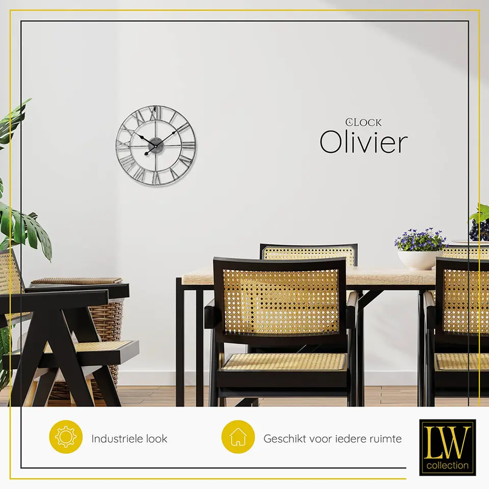 LW Collection Wandklok Olivier zilver 40cm