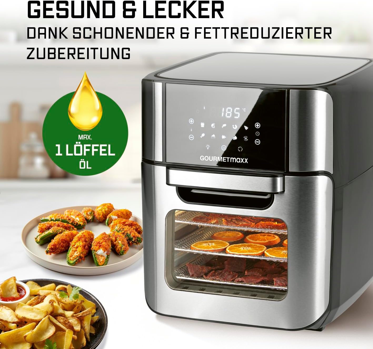 GOURMETmaxx Digitale Heißluftfritteuse 12 L, XXL-Edelstahl-Ofen | Airfryer + Timer, Touchdisplay, Drehspieß | fettarm, energiesparend frittieren | 10 Programme inkl. Pizza | 1800 W