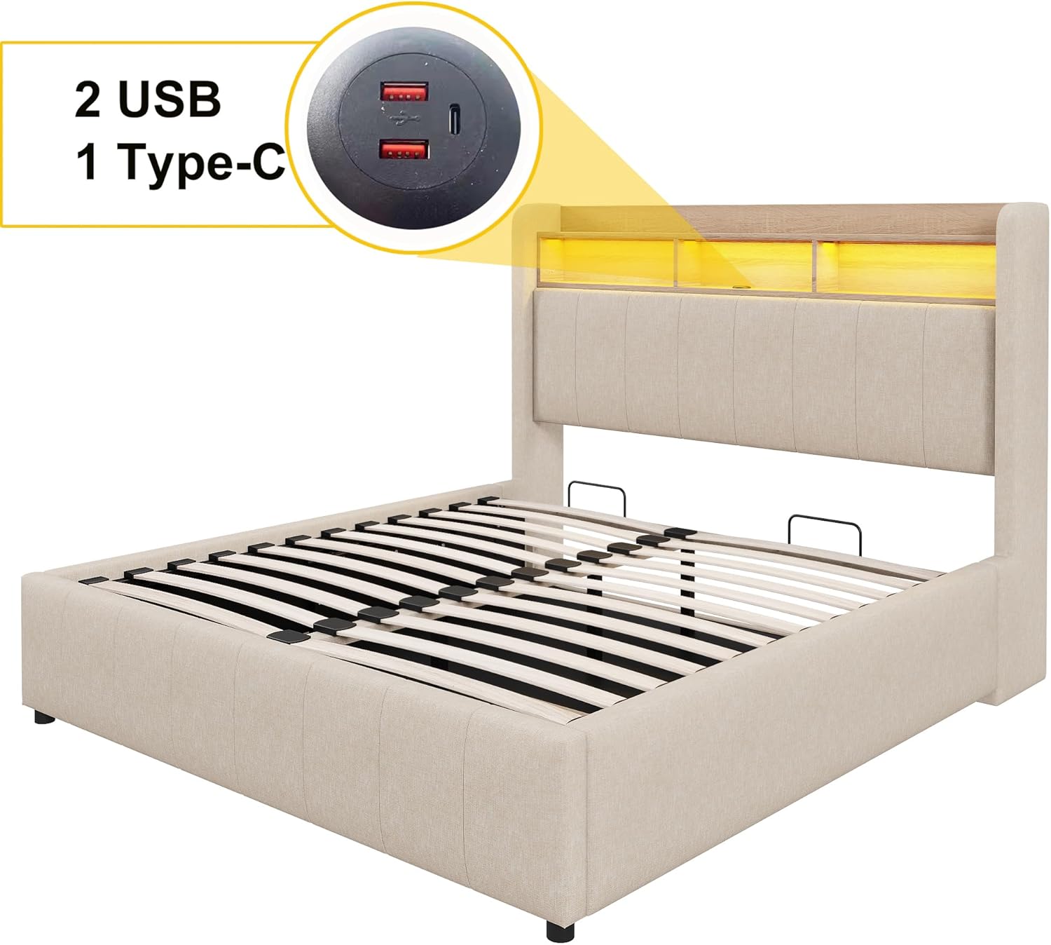 Ball & Cast Polsterbett (140x200cm) mit hydraulischem Stauraum, Doppelbett mit Beleuchtung und USB-Ladefunktion, Leinenstoff, Einfach & Zeitsparend Montierbar, Beige YD4357442