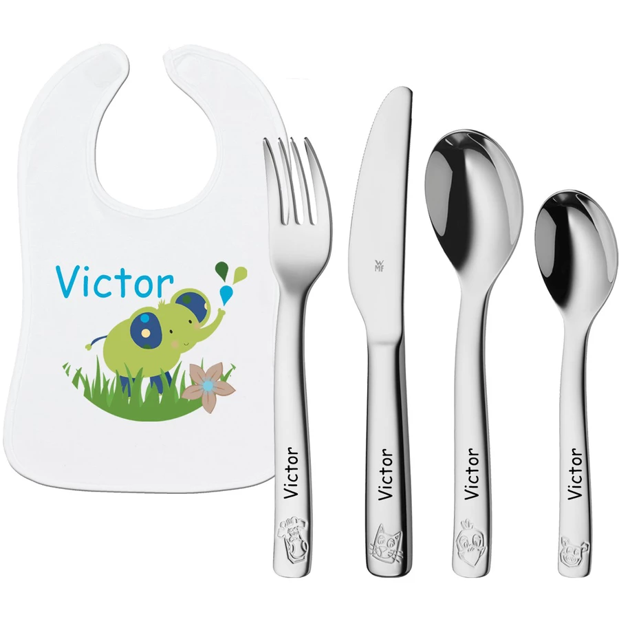 Schnullireich Geschenkset mit Namen WMF Kinderbesteck Farm + Baby Lätzchen Elefant Silber