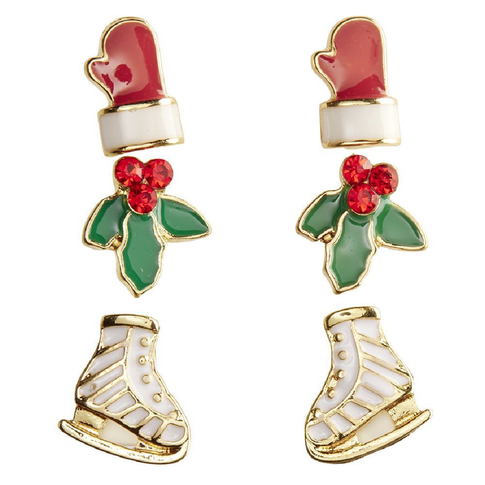 Boucle d'oreille Noël x3 houx - patin - moufle