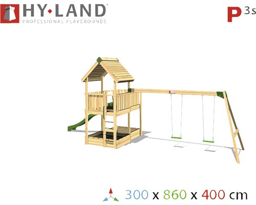 Hyland Project 3S houten speeltoren met zandbak, dubbele schommel, glijbaan, groen