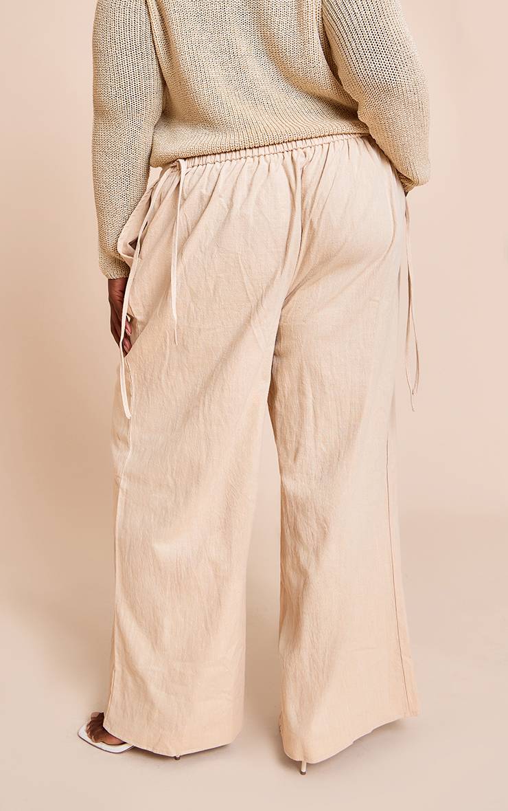 Naturel Pantalon Large Grande Taille En Lin Premium Avec Détails Liens Sur Les Côtés
