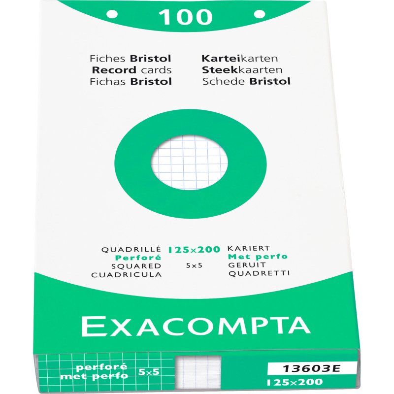 Fiche bristol 200 x 125 mm quadrillée 5 x 5 blanche perforée Exacompta - Boîte de 100