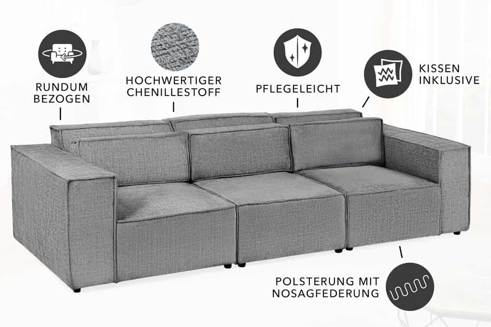 Design 3-Sitzer Sofa BOSSA NOVA 260cm grau Chenille XXL-Couch