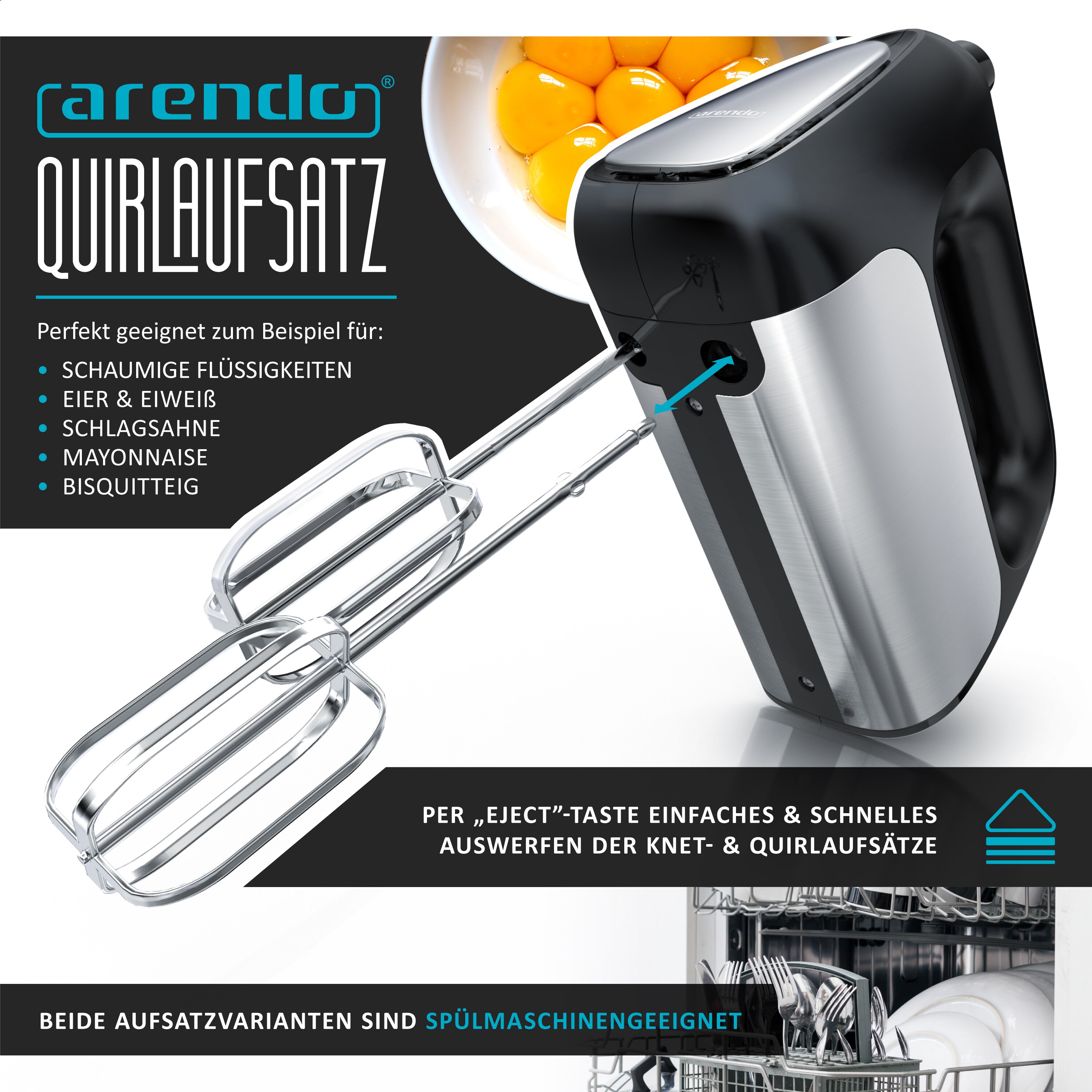 Arendo Elektrischer Handmixer Handrührer - inkl. 2 Quirle und 2 Knethaken aus Edelstahl - Handrührgerät - Hakenentriegelung - Turbotaste