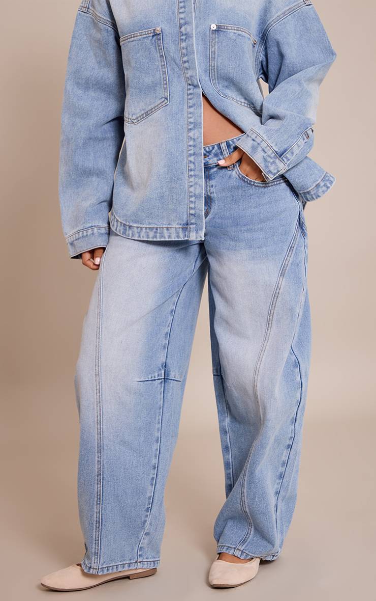 Mid Blue Wash Jean Barrel Blanc Petite Avec Détails De Couture