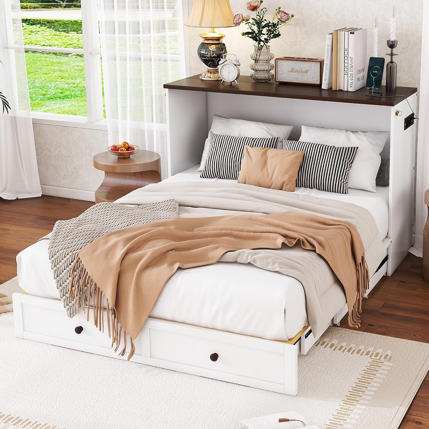 Schrankbett, 140X200cm, Mobiles Schrankbett mit Schubladen am Bettende und Regal am Kopfende des Bettes, mit USB und Steckdose, Umbaubares Plattformbett, Ohne Matratze, weiß