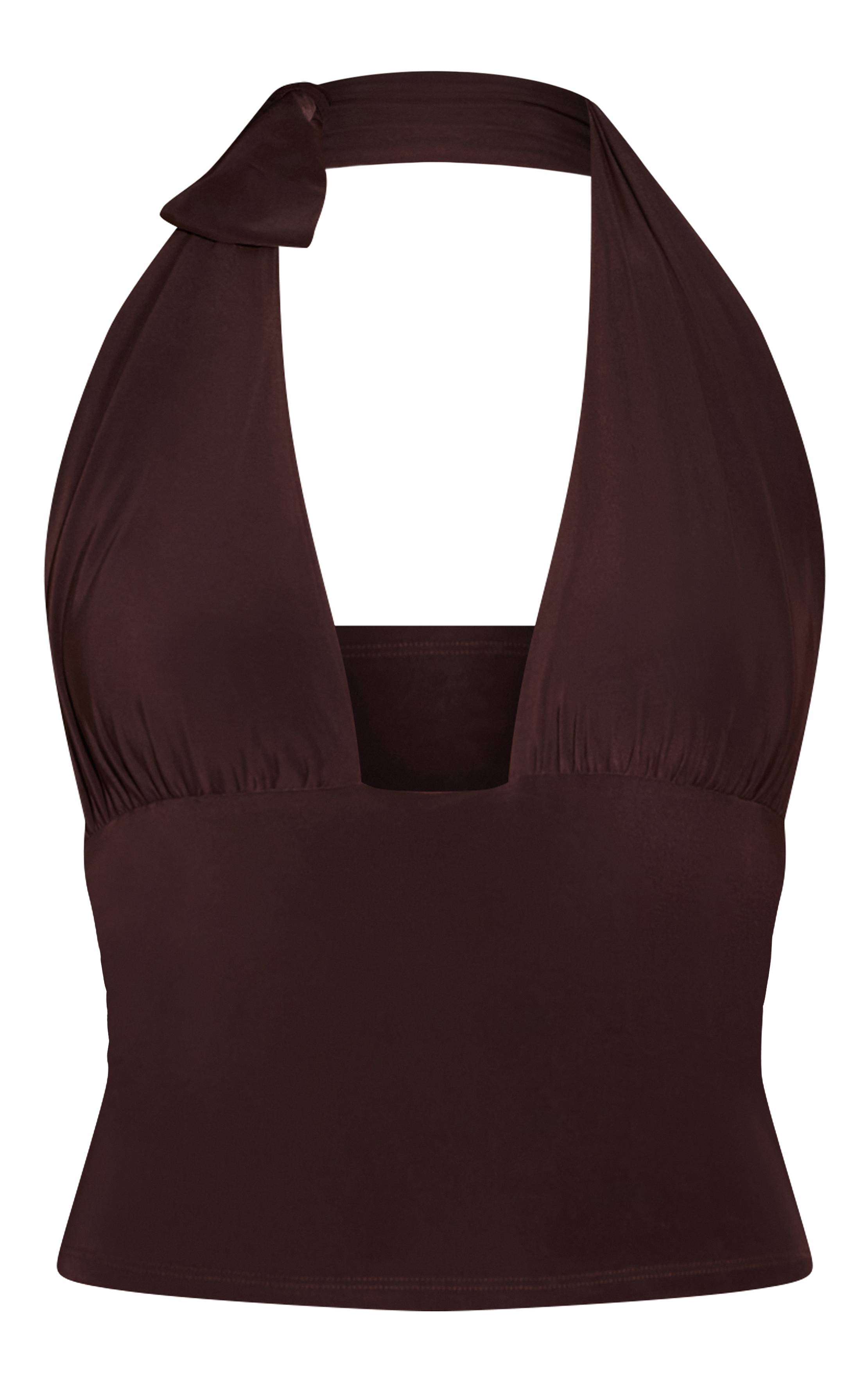 Dark Chocolate Top Long Plongeant À Double Couche Satiné Avec Lien Au Cou