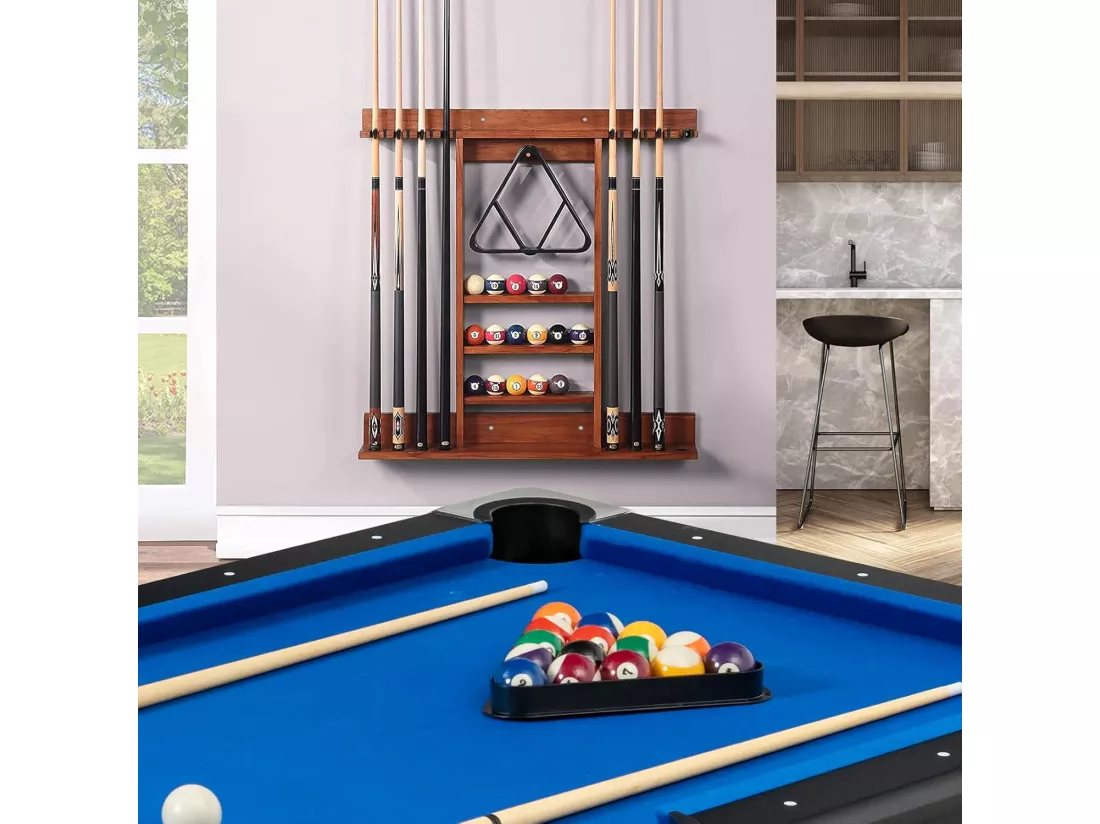 Porte-Queues de Billard Mural, Support de Billard 8 Queues et Rainures à 3 Niveaux 15 Porte-balles, 1 Porte-boules en Bois de Pin pour Salle de Billard, Club (Marron)