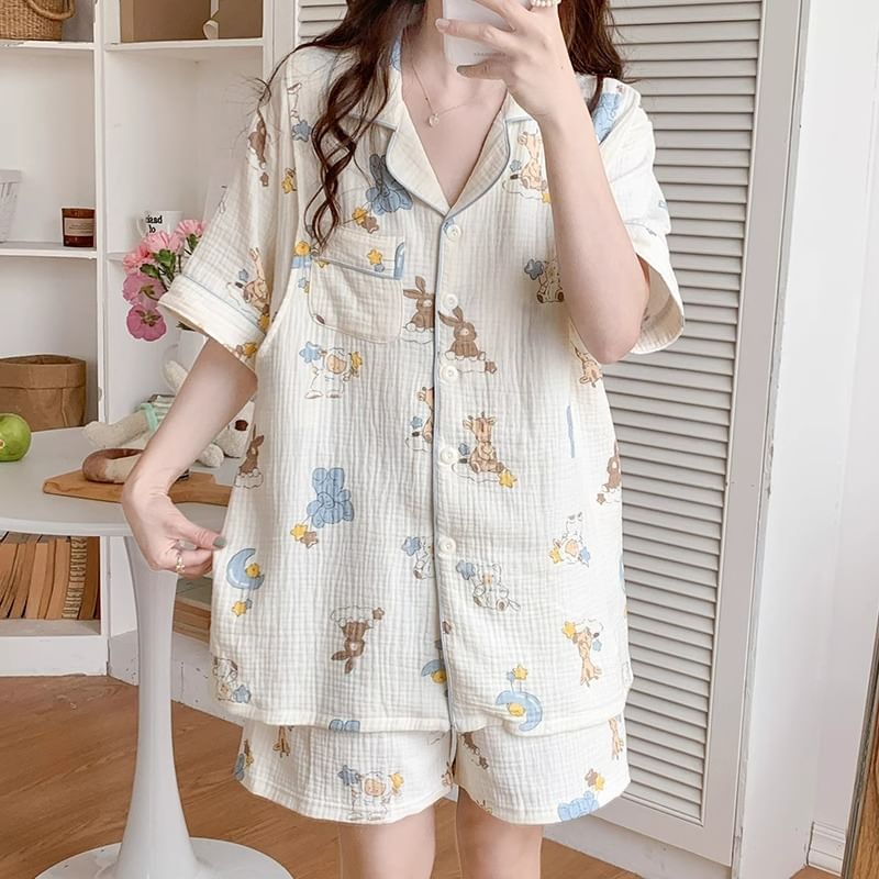 Dazzli - Pyjamaset: shirt met korte mouwen, kraag en print + shorts met elastische taille