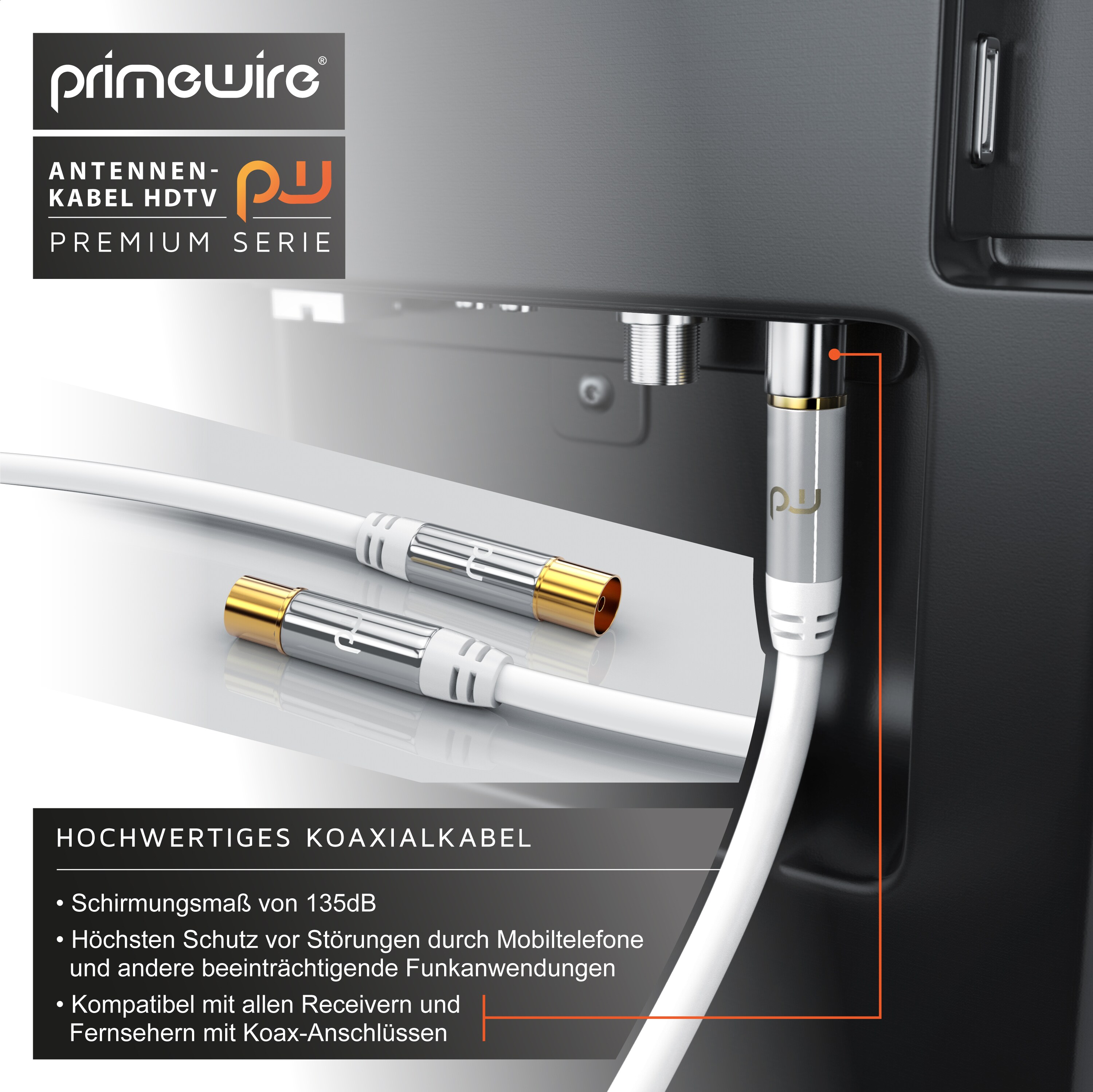Primewire HDTV Antennenkabel mit 4-fach Schirmung IEC-Stecker zu RF-Buchse / 75 Ohm / 135dB - 12,5 m