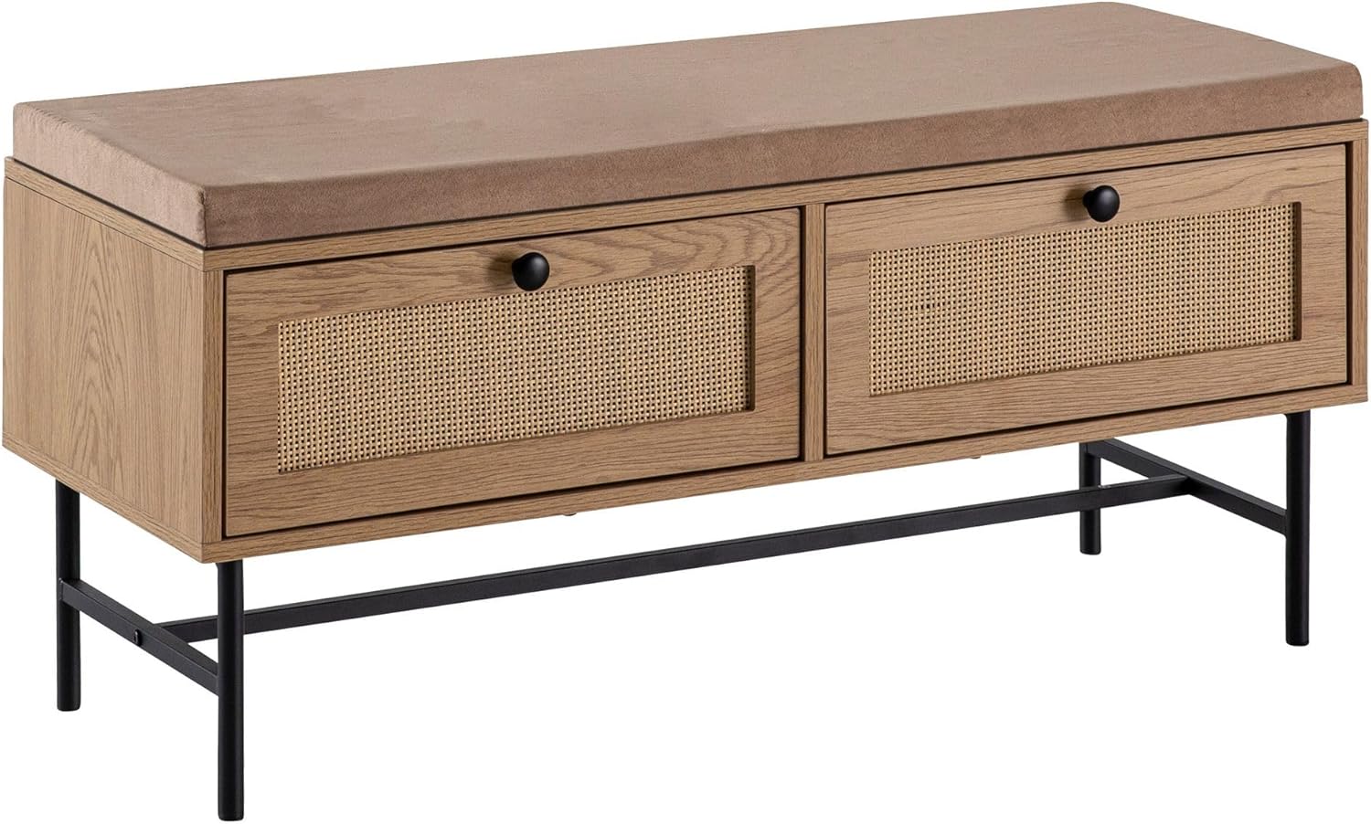 FineBuy Schuhbank mit Stoff-Sitzfläche 100x48x38 cm Garderobenbank Eiche-Dekor, Sitzbank Rattan Klein Gepolstert, Bank Schmal Flur mit Stauraum, Flurbank Flurmöbel mit Schubladen Braun