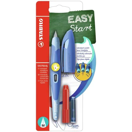 Ergonomischer Schulfüller für Linkshänder mit Standard-Feder M - STABILO EASYbirdy Pastel Edition in blau/hellblau - Einzelstift - inklusive Patrone und Einstellwerkzeug - Schreibfarbe blau (löschbar)