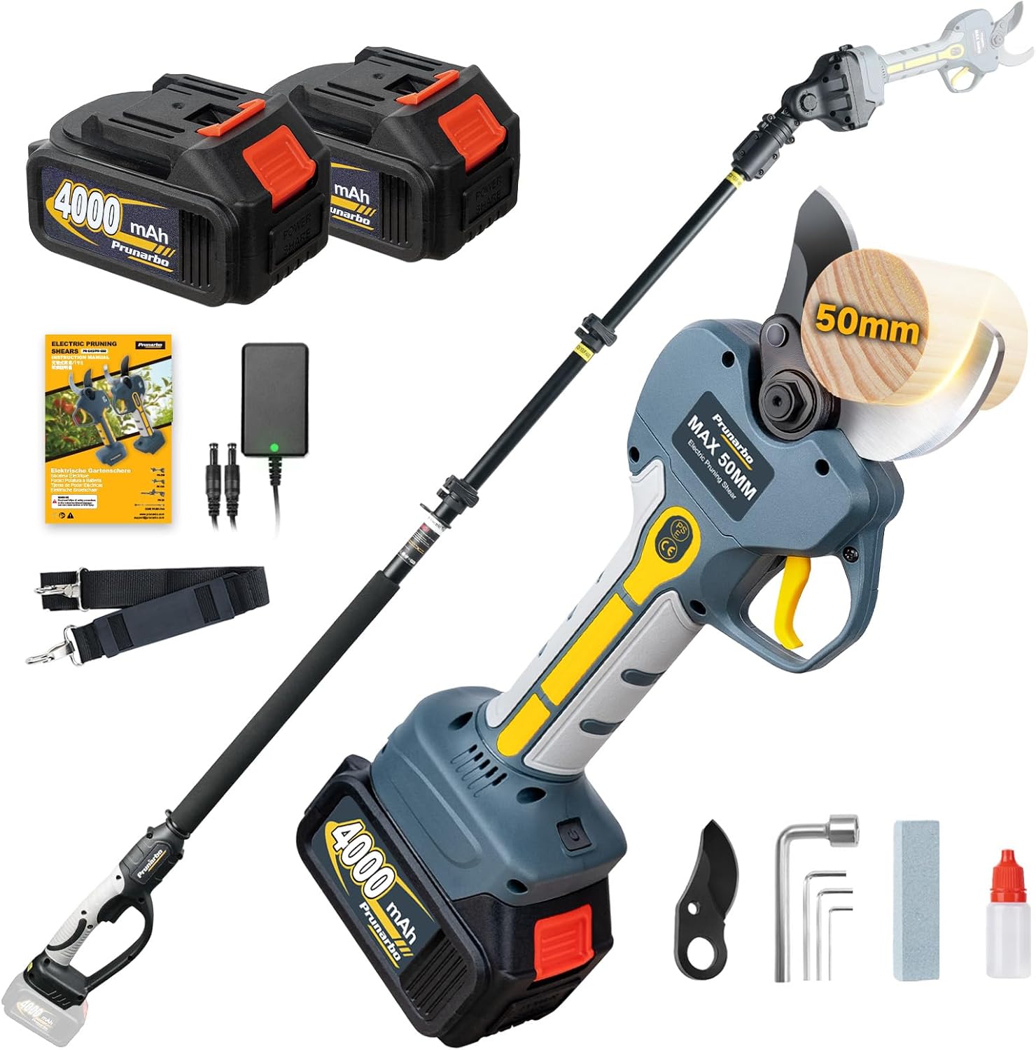 2-in-1 Akku Astschere Teleskop, 50MM Elektrische Gartenschere mit Akku 2 4Ah Brushless LCD Display Astschere Elektrisch Kompatibel mit 18V Akkus (PR-E50 pruner+pole set)