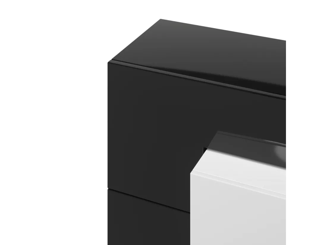 Meuble TV - 200x38x48cm - Blanc et noir brillant - 4 portes, 2 tiroirs, 3 compartiments