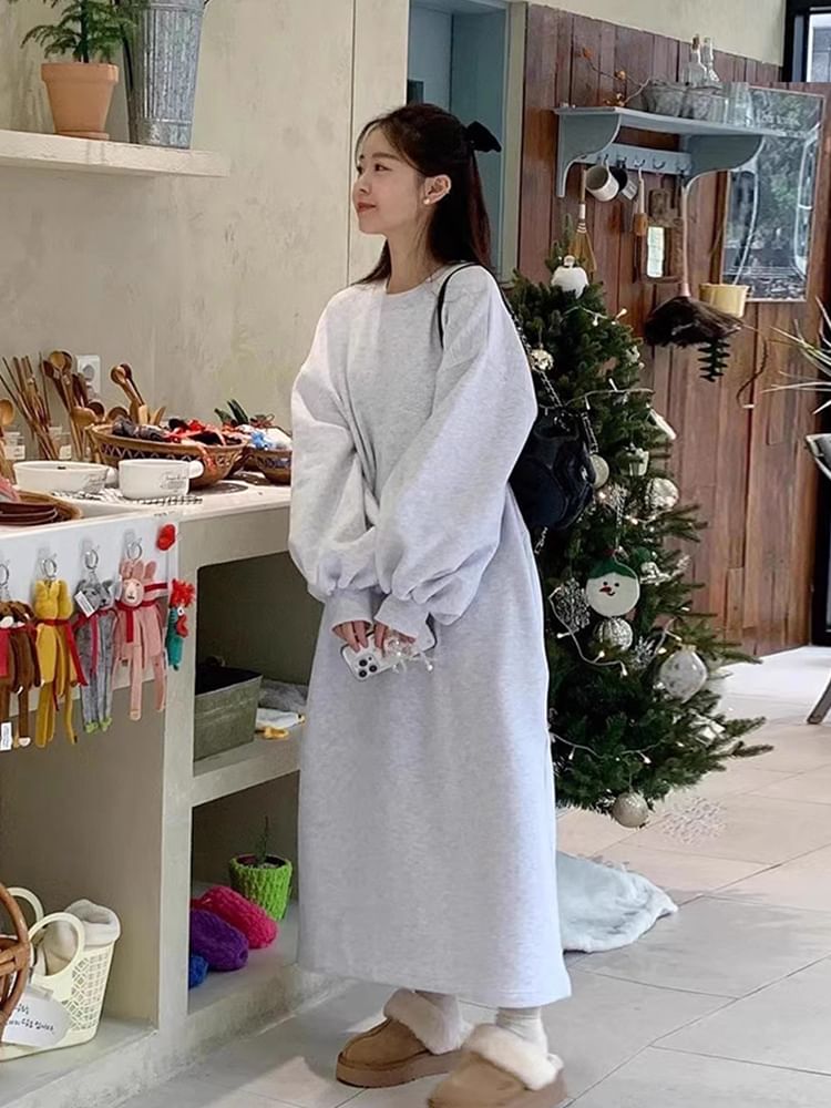 Coris - Lange mouwen ronde hals effen maxi sweatshirtjurk