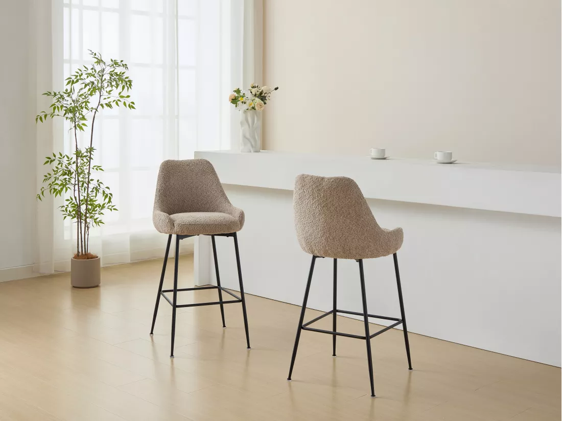 Lot de 2 tabourets de bar en tissu bouclette et métal noir - Taupe - TOYBA de Pascal Morabito