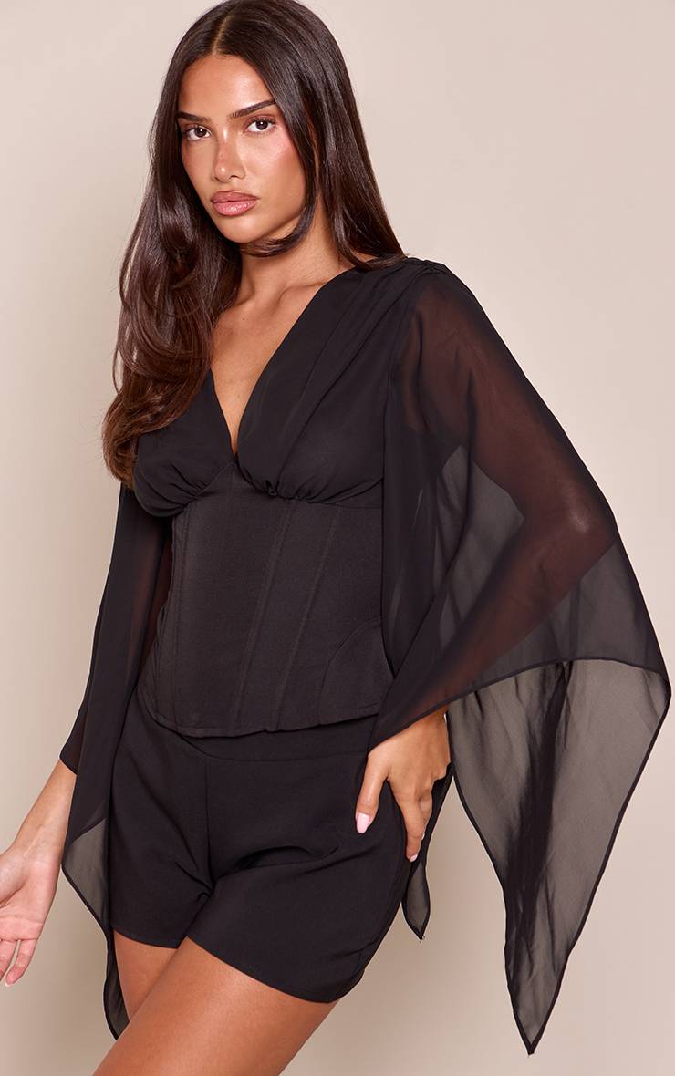 Noir Top À Taille Corset Et Manches Drapées En Mousseline