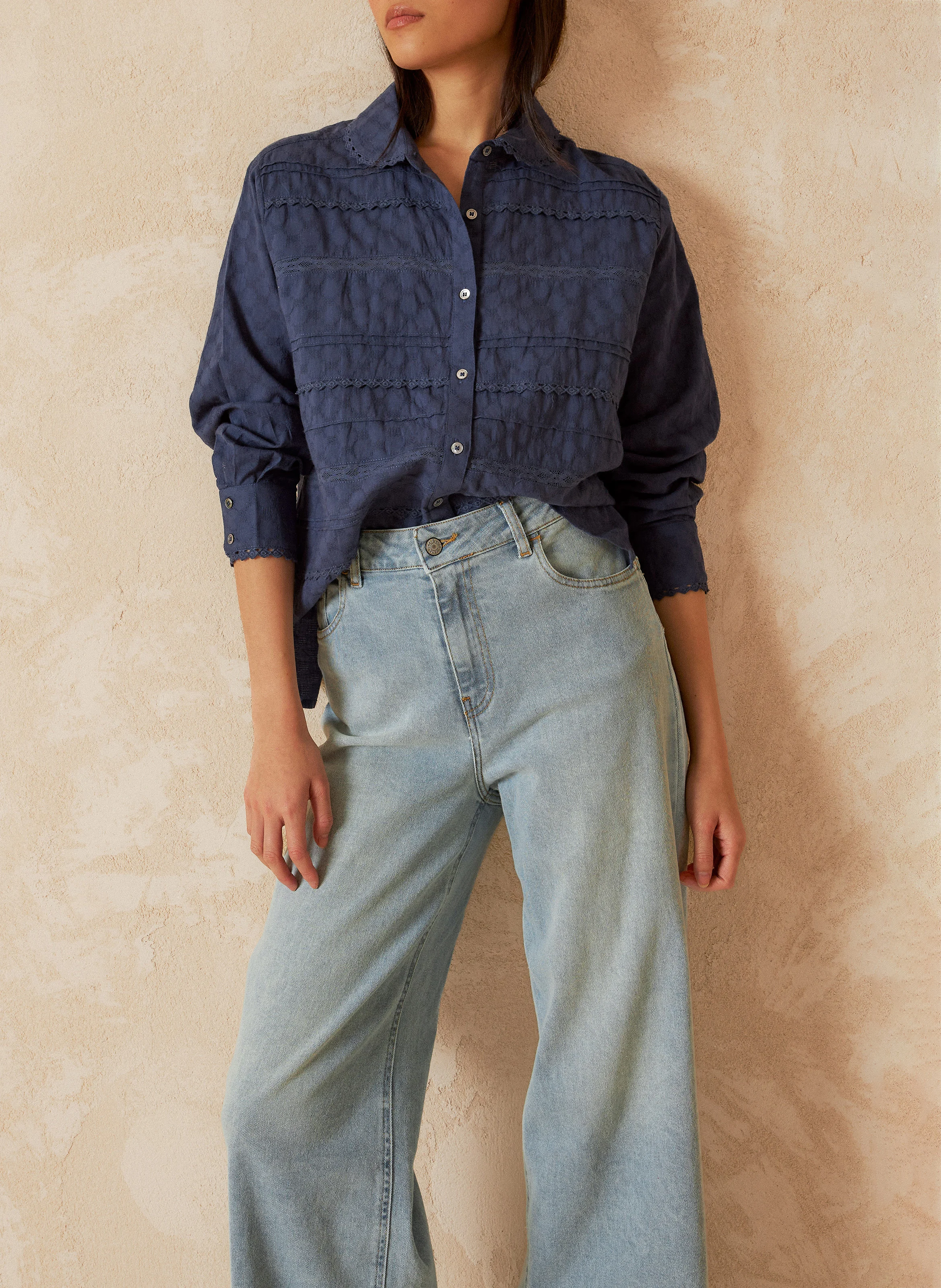 Chemise col claudine en coton bio | Bleu